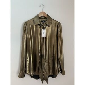 NWT 7 For All Mankind Foil Satin Liquid Gold Top Sz S Neck Tie Buttondown $195